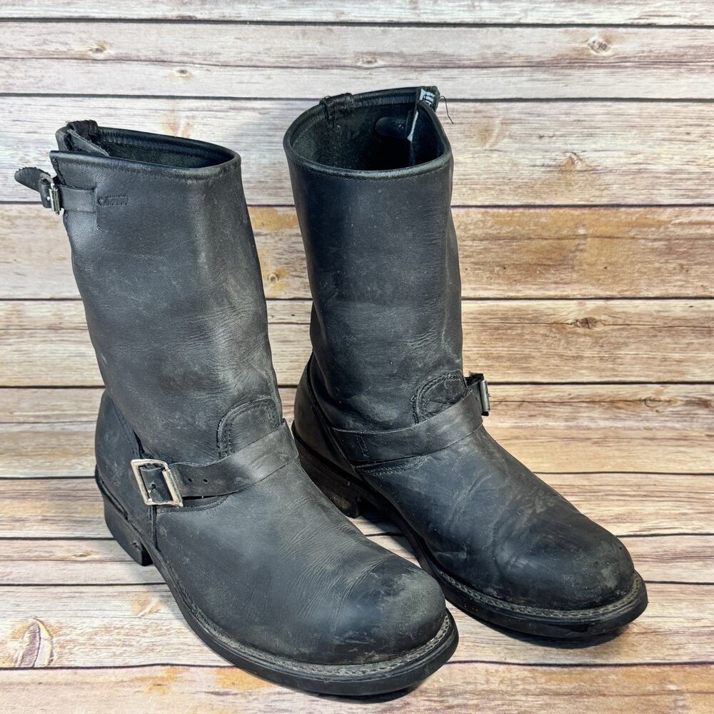 Frye Mens Black Distressed Leather 12R Engineer Buckle Strap Boots Size 10